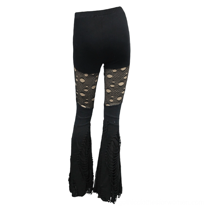 Black flared gothic trousers with shredded mesh - rear mannequin view