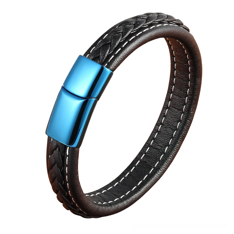 Black flat leather gothic bracelet with stitched detail and blue stainless steel clasp