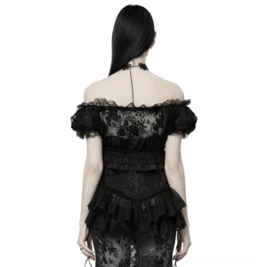 Gothic crop top back view, displaying sheer floral lace back panel and ruched details on semi-transparent mesh