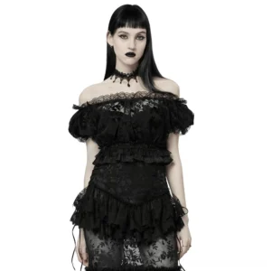 Black flocked mesh gothic crop top with scalloped lace trim and puff sleeves, front full-body view on model showcasing off-shoulder styling