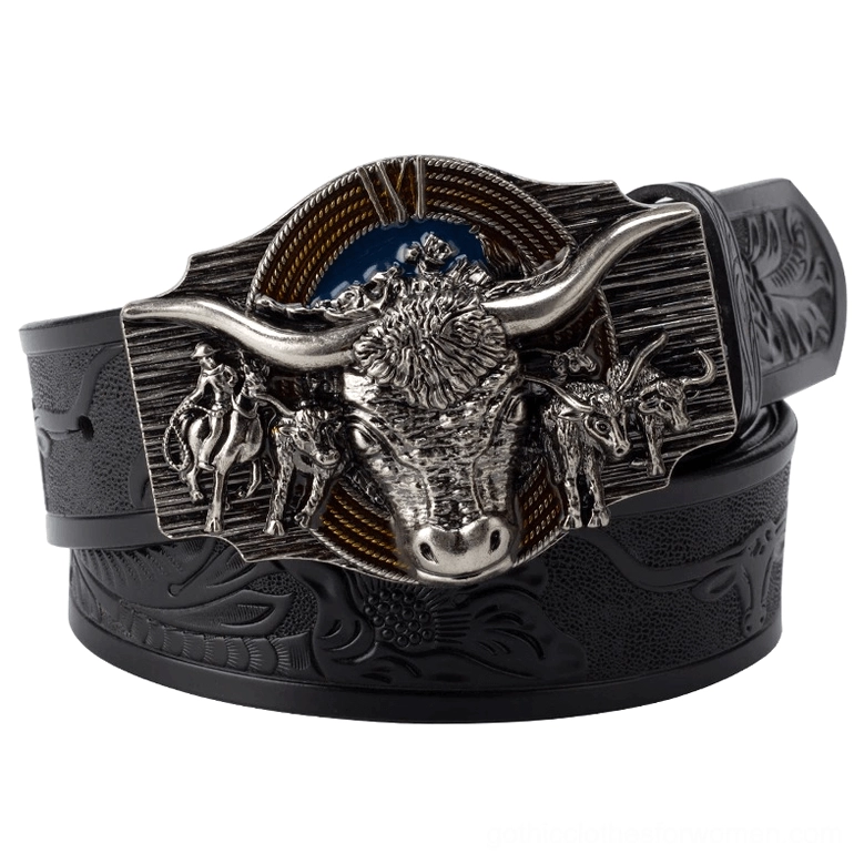 Black floral embossed gothic romantic goth belt with silver bull head buckle, Victorian dark aesthetic