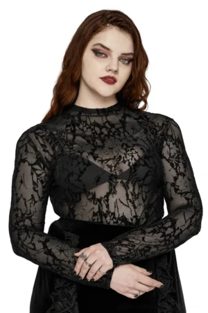 Black floral flocked mesh long sleeve gothic top worn by model, front view showcasing sheer mesh design and mock neckline