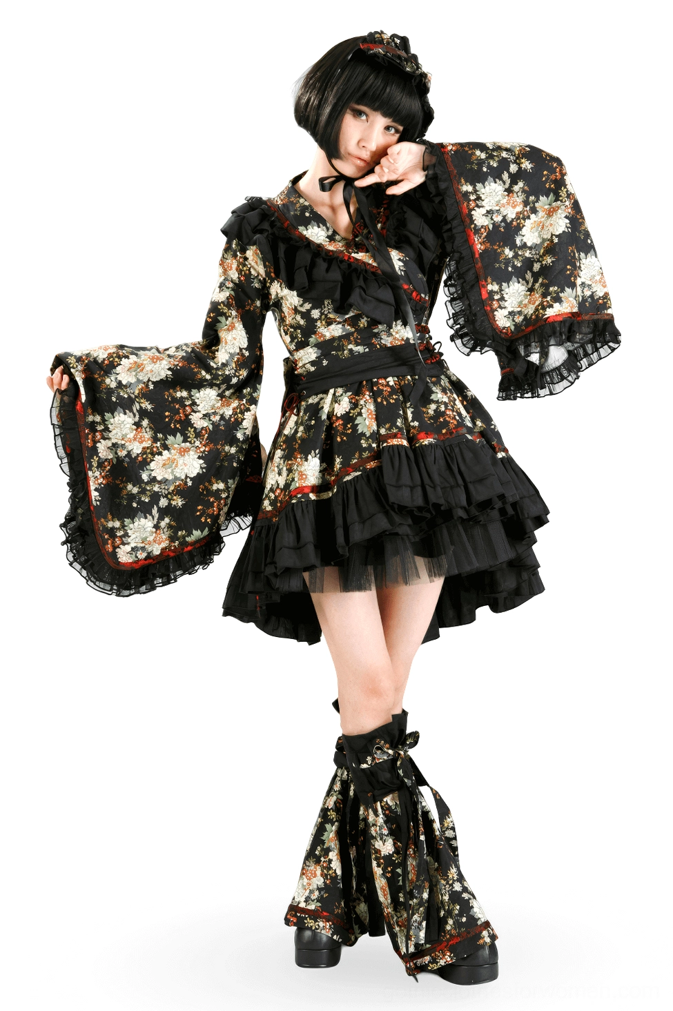 Black floral gothic lolita dress front three-quarter view with wide bell sleeves and tiered ruffled skirt on model
