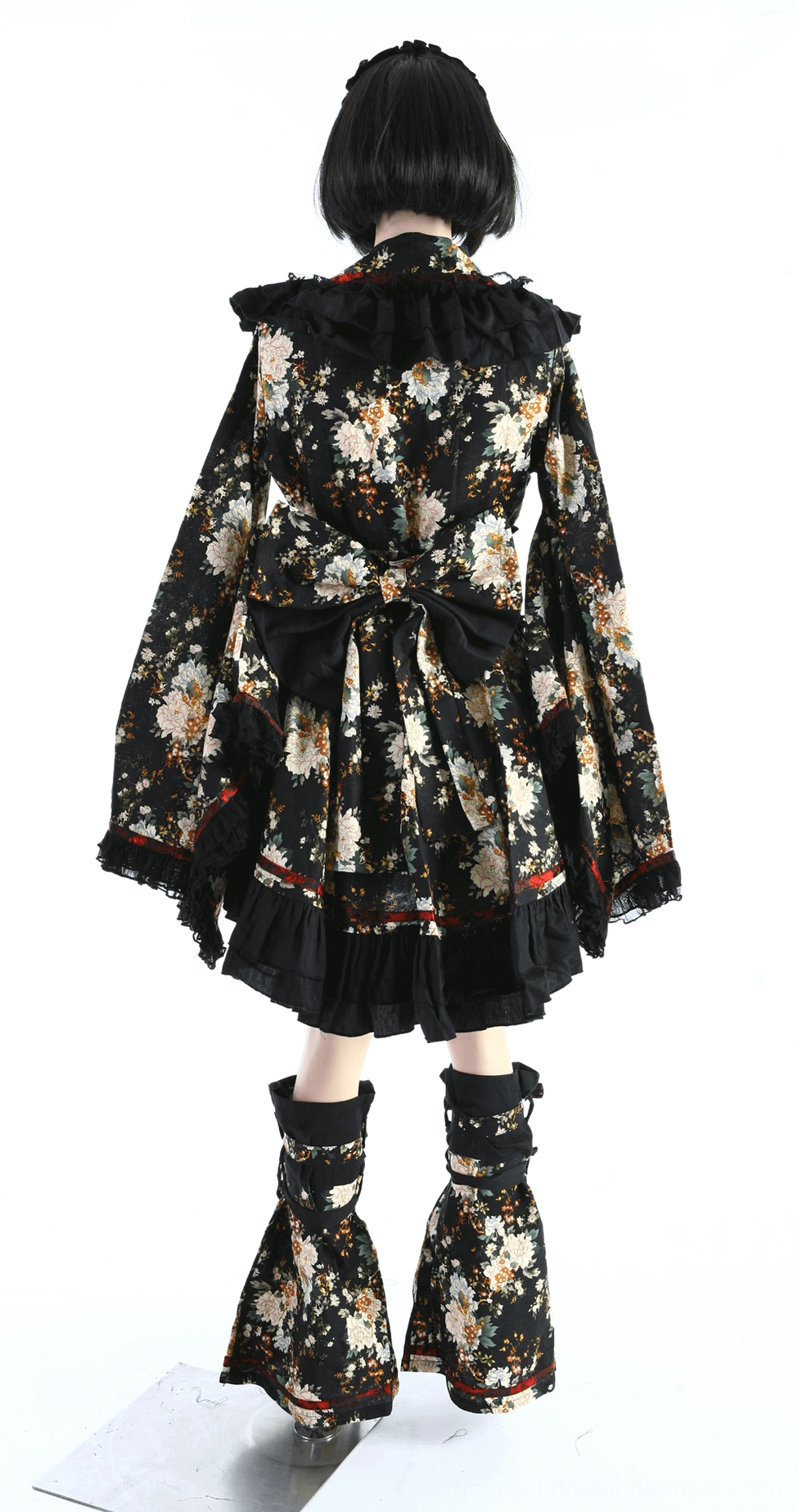 Black floral gothic lolita dress overall full-length studio view perfect for cosplay and themed events