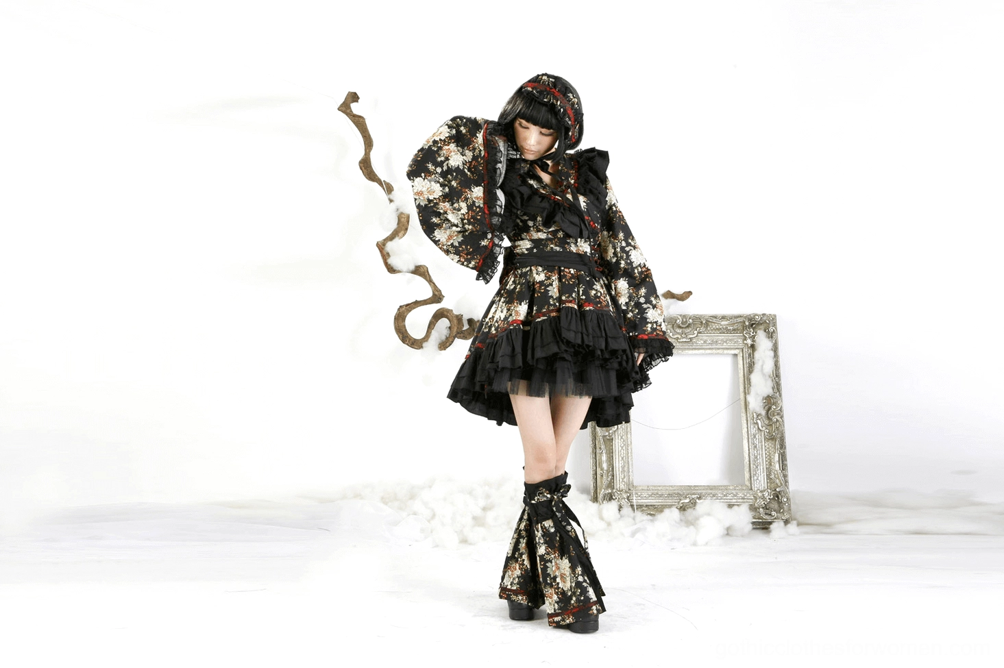 Black floral gothic lolita dress styled view showing bell sleeves and complete ensemble aesthetic