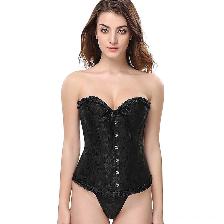 Close-up black floral jacquard texture gothic corset bustier detail