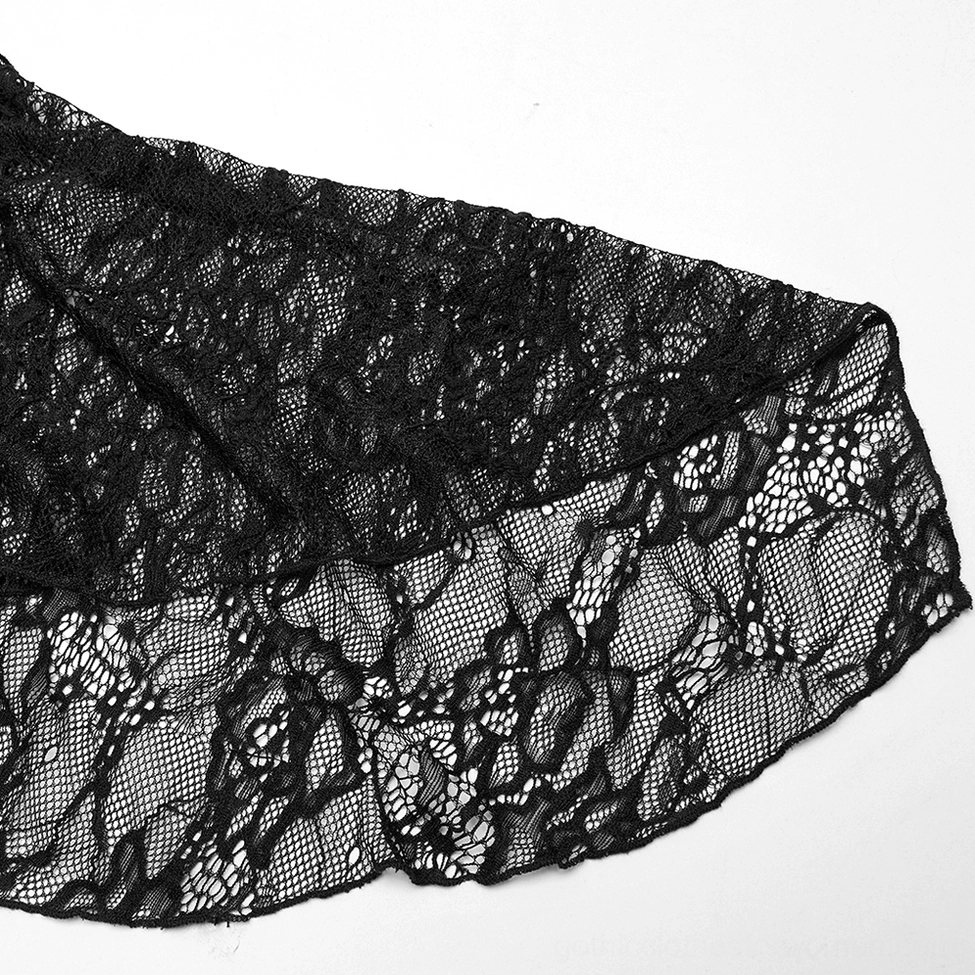 Sheer black floral lace sleeve detail - flutter sleeve construction of burgundy velvet off-shoulder gown