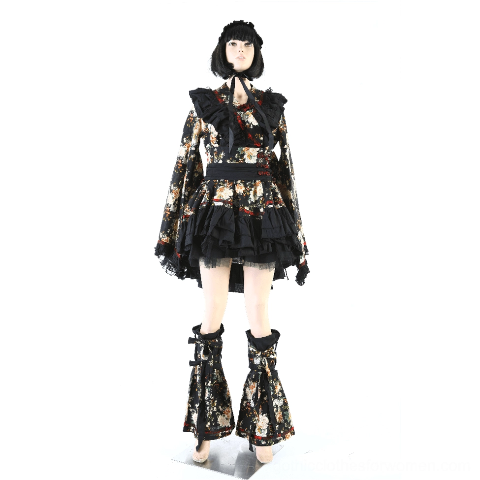 Gothic lolita dress full front view on mannequin with tiered ruffled skirt and structured waistband