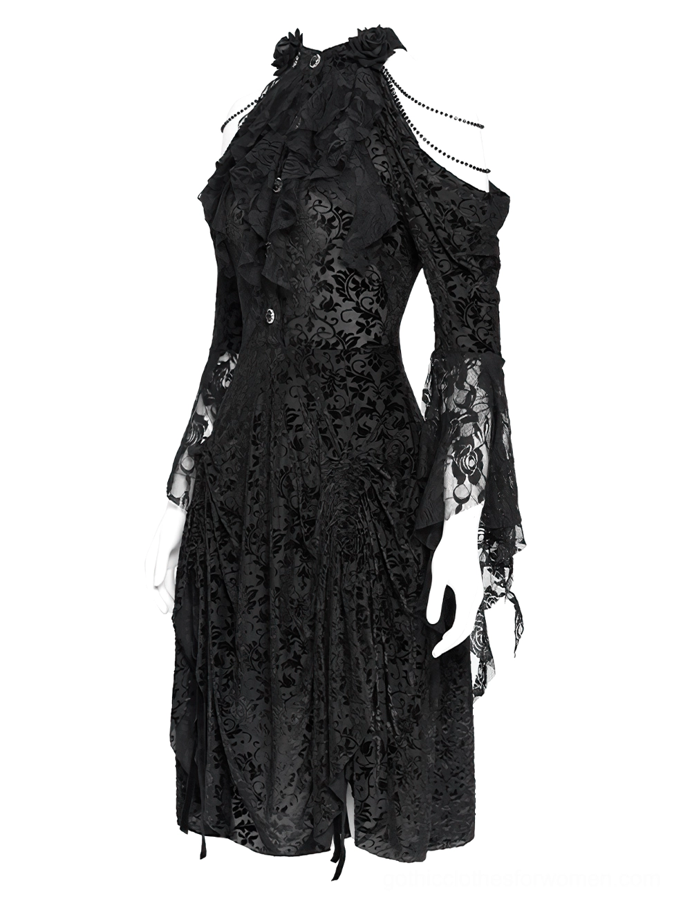 Black floral velvet lace midi dress with ruffled high neck and lace-up front, vintage-inspired design