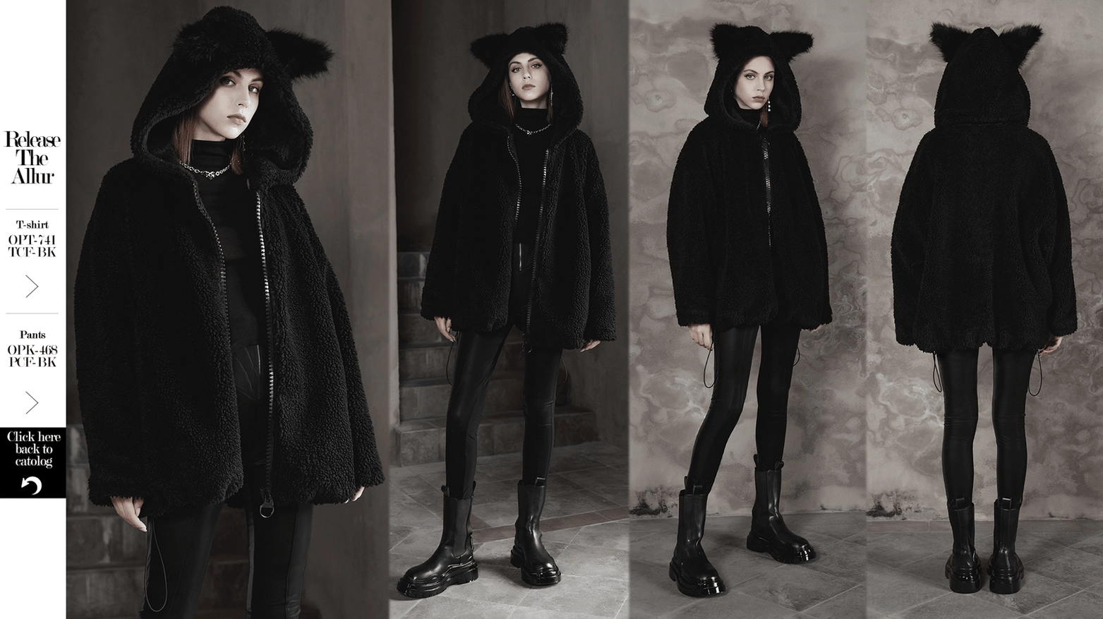 Black fox ear gothic hooded fleece jacket alternative fashion styling with dark accessories