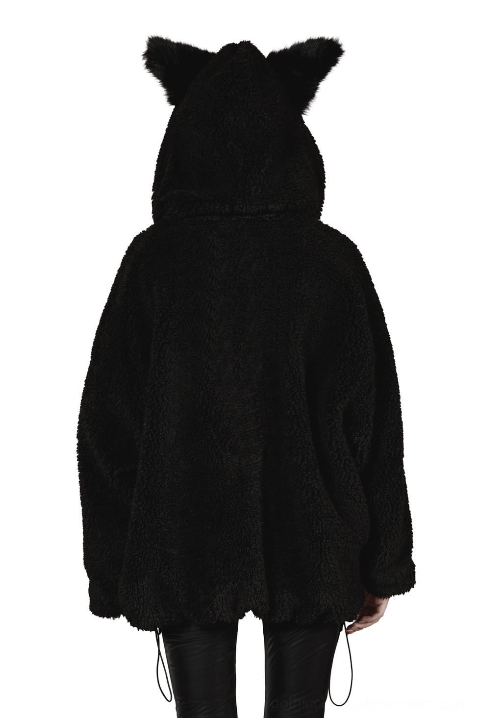Black fox ear gothic hooded fleece jacket back view on model, showing drawstring hem and fluffy texture