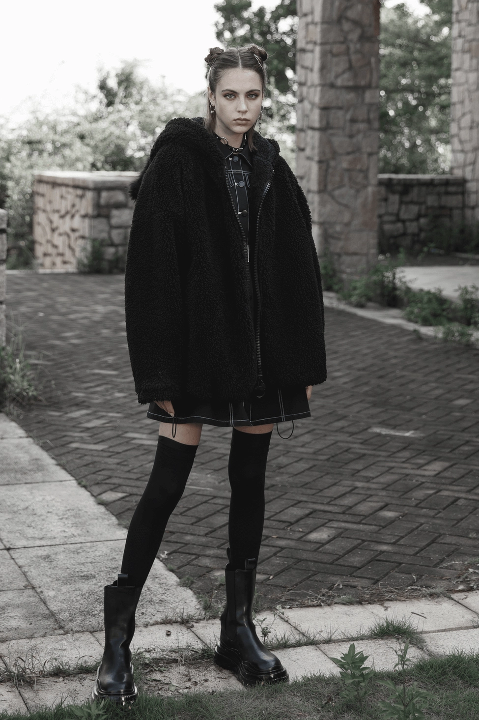 Black fox ear gothic hooded fleece jacket worn as everyday gothic fashion statement