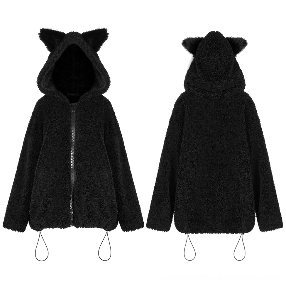 Black fox ear gothic hooded fleece jacket flat lay front and back dual view, full-length metal zipper