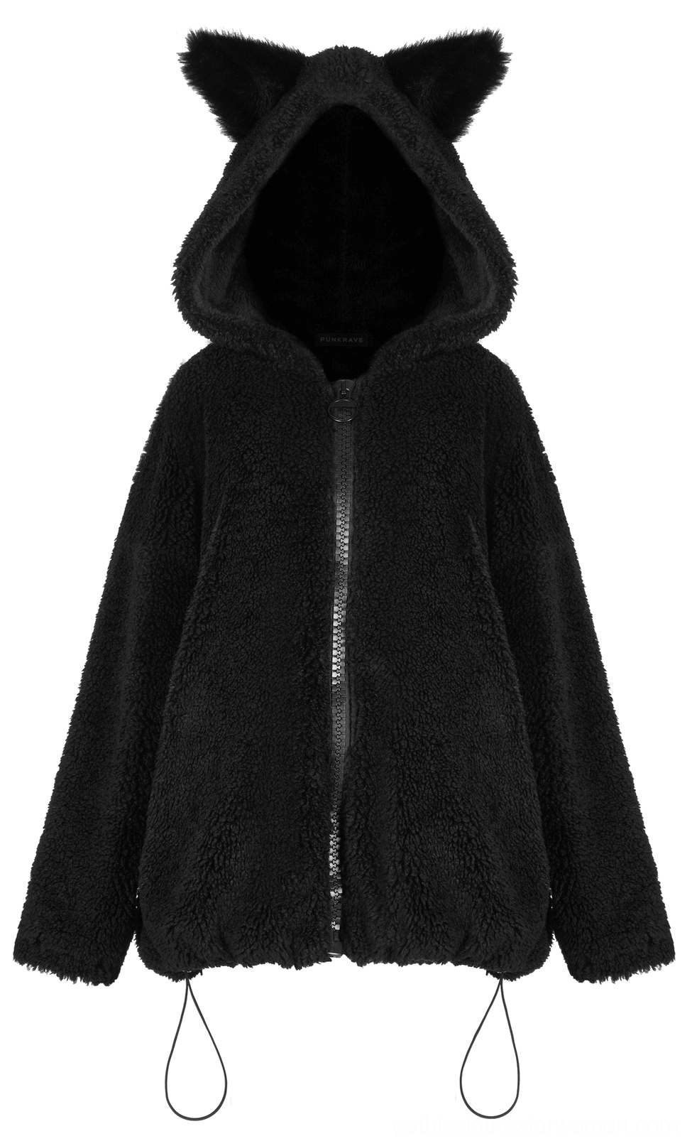 Black fox ear gothic hooded fleece jacket front flat lay view, metal zipper closure and drawstring details