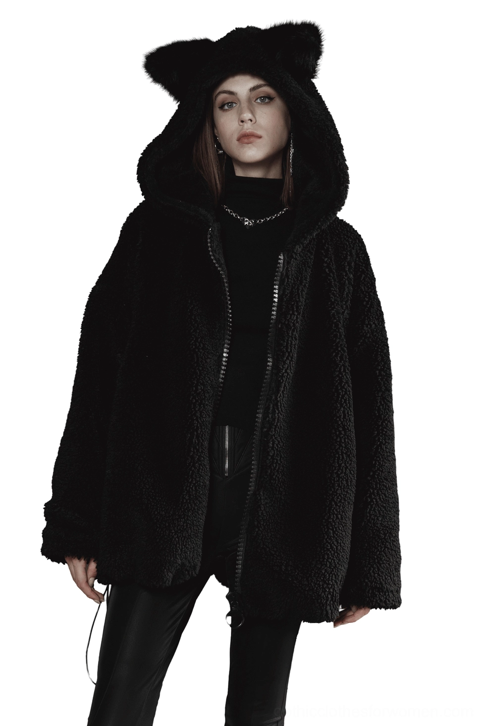 Black fox ear gothic hooded fleece jacket front three-quarter view on model, oversized fit with fluffy ears