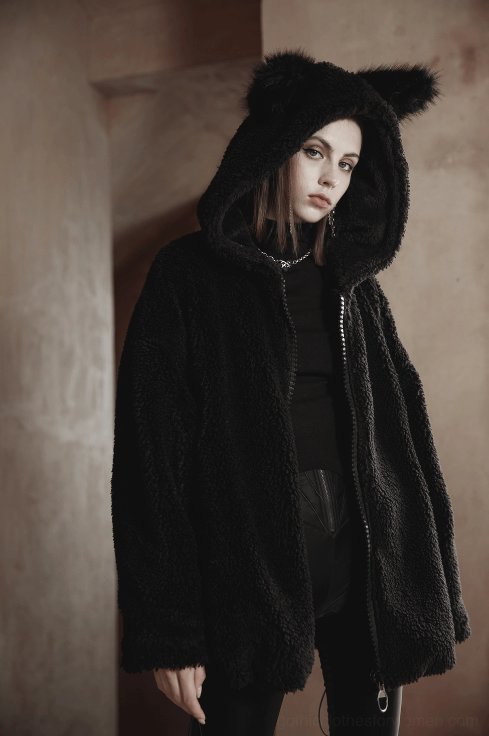 Black fox ear gothic hooded fleece jacket full-length front view showing metal zipper and proportions