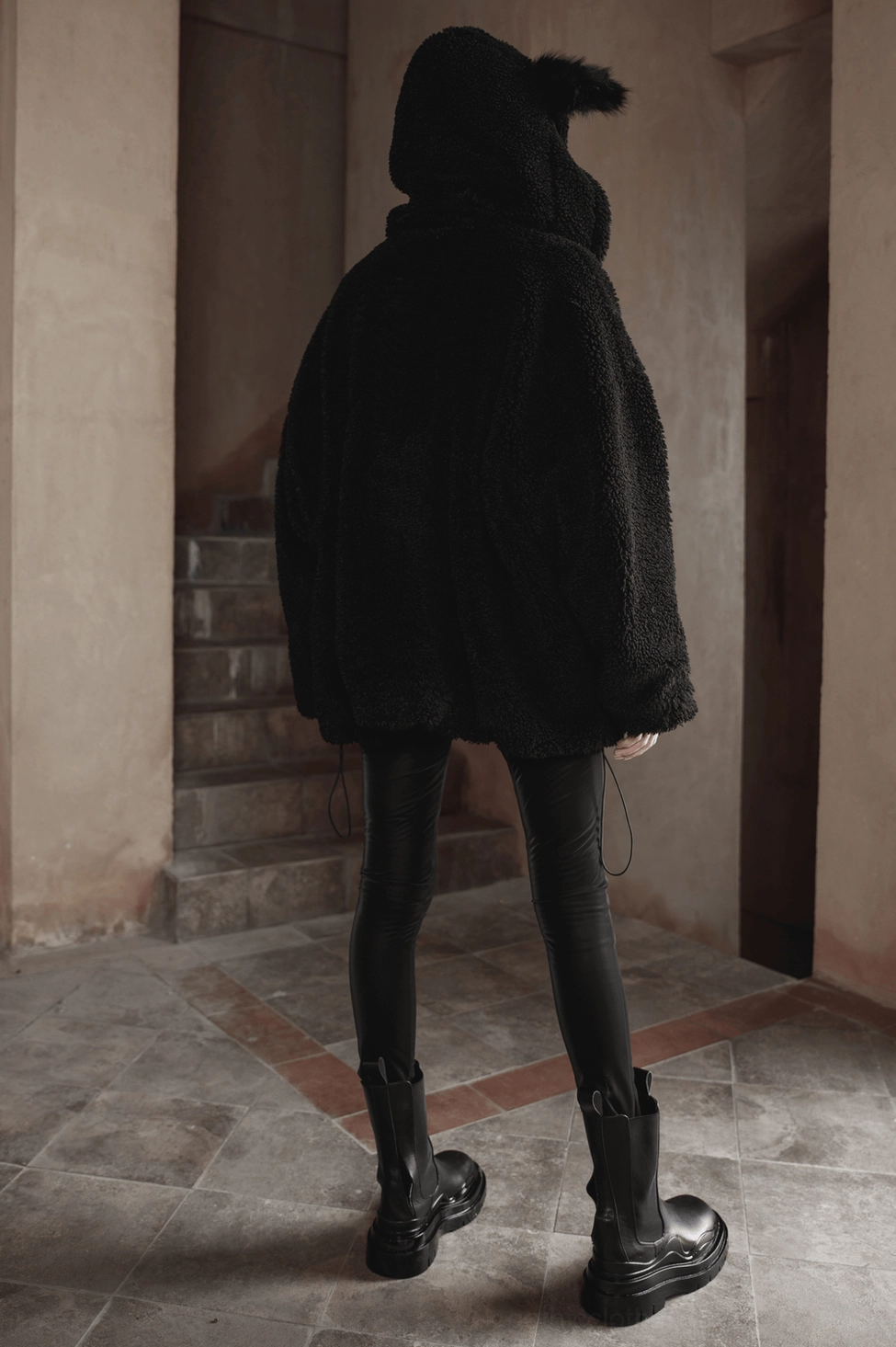 Black fox ear gothic hooded fleece jacket detail view of hood and pointed ears structure