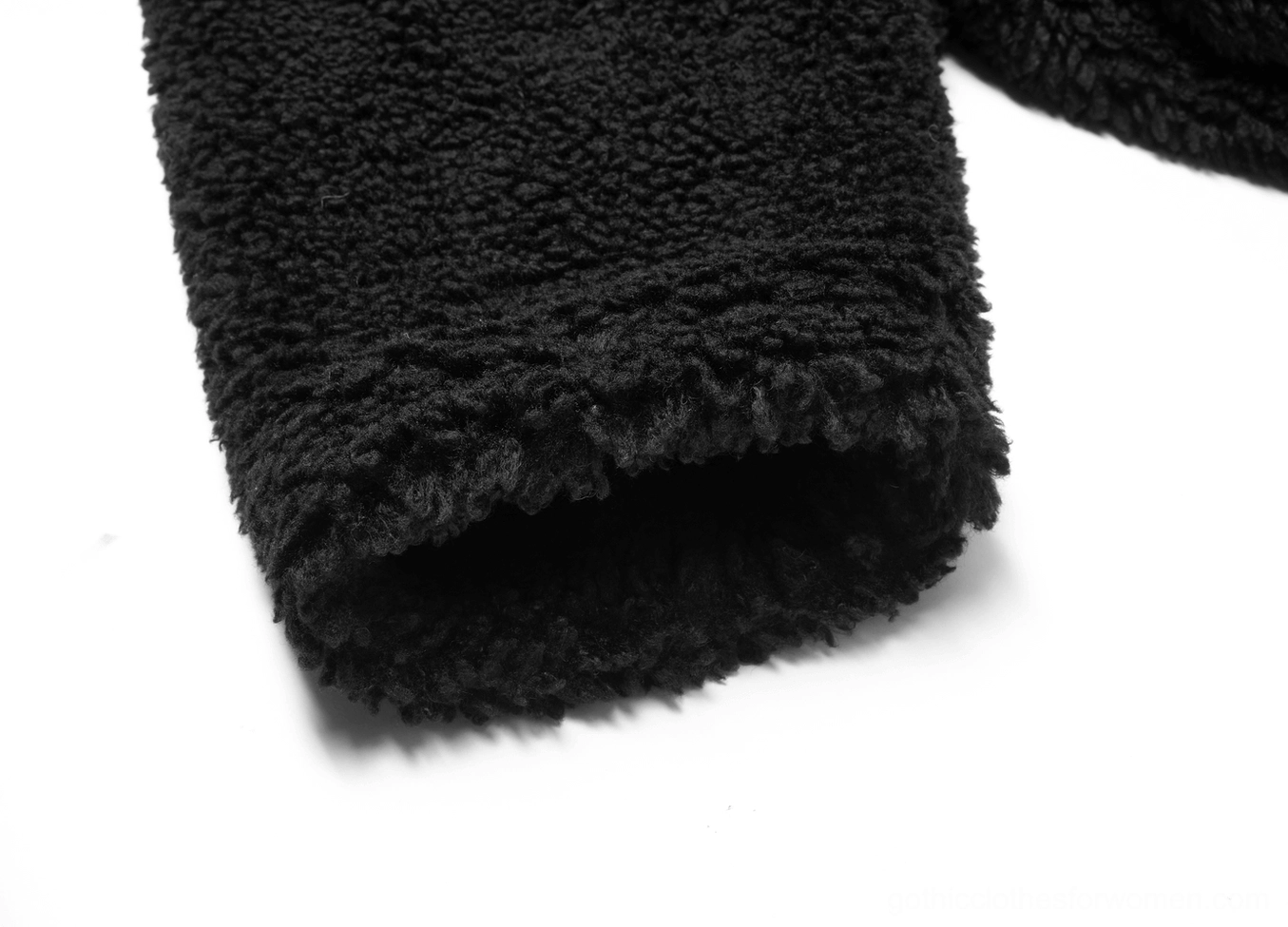 Black fox ear gothic hooded fleece jacket showing interior velvet lining and ear construction