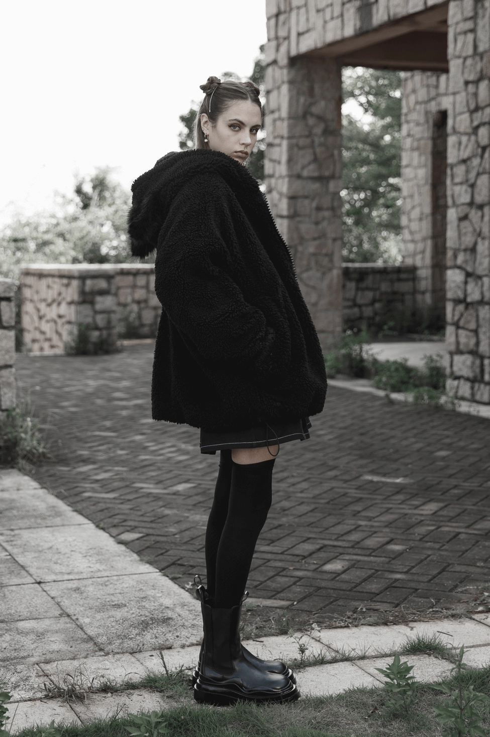 Black fox ear gothic hooded fleece jacket showing premium construction and quality finishing