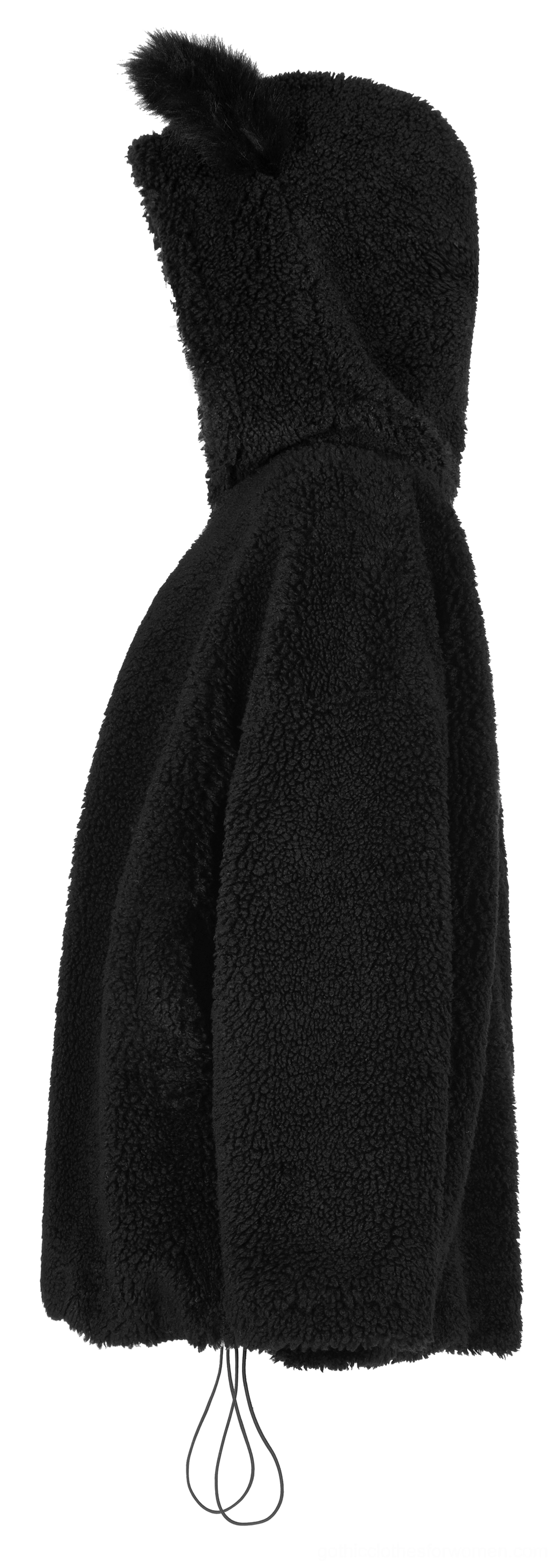 Black fox ear gothic hooded fleece jacket side flat lay view, showing fluffy sleeve and adjustable drawstring