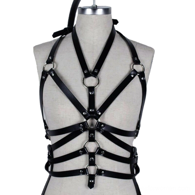 Black PU leather full body harness from neck to waist, adjustable buckle closures and metal rings