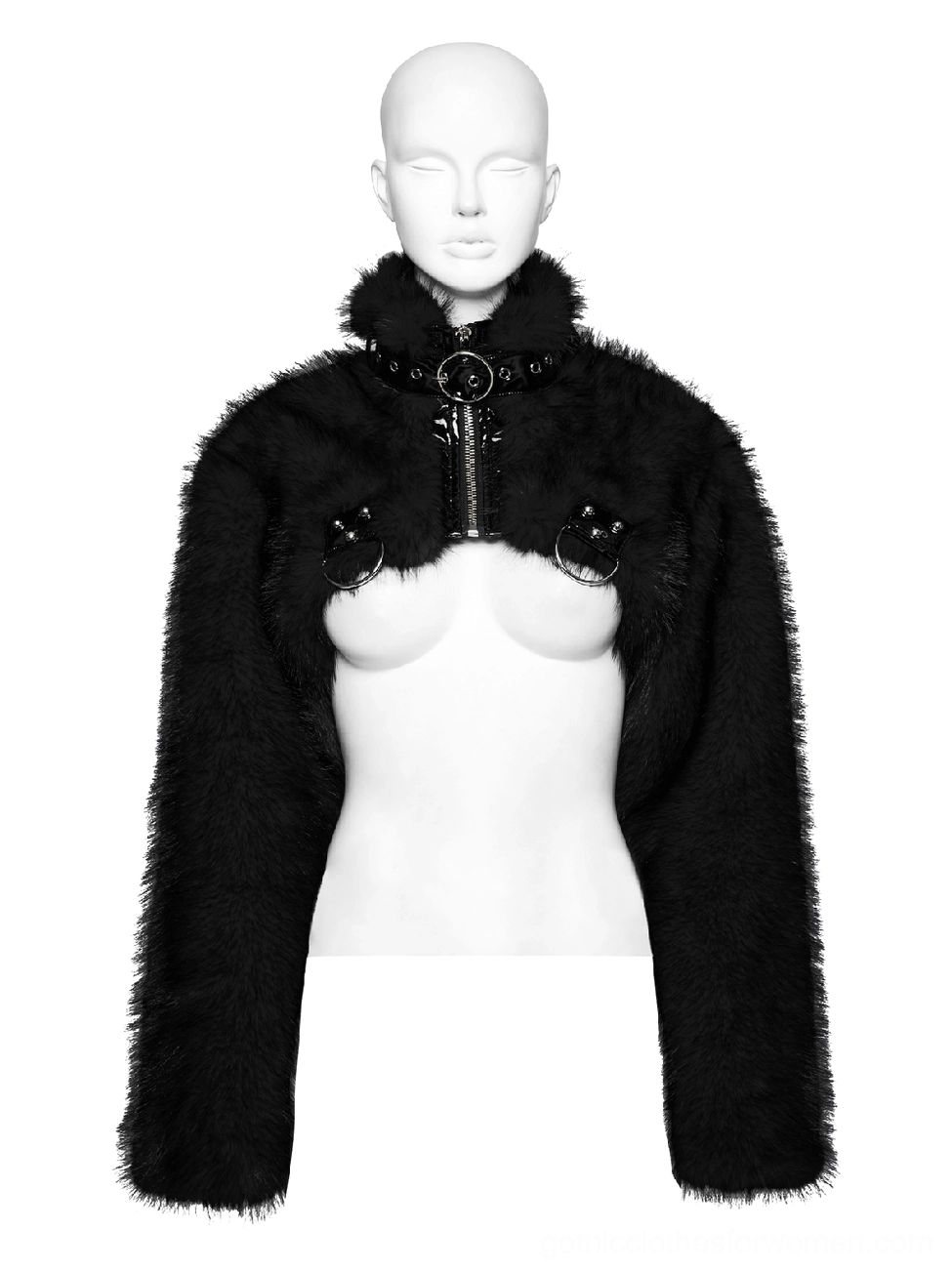 Black faux fur cropped gothic jacket front view on mannequin displaying full-length zipper closure and collar o-ring buckle hardware