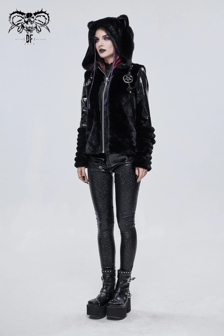 Black fuzzy cat ear hooded jacket displaying alternative fashion pentagram decoration details