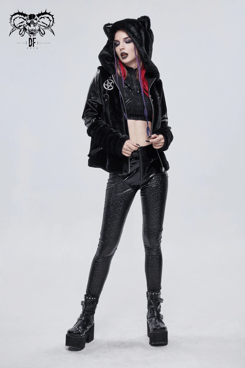 Black fuzzy cat ear gothic jacket overall design showcasing kawaii-goth fusion aesthetic