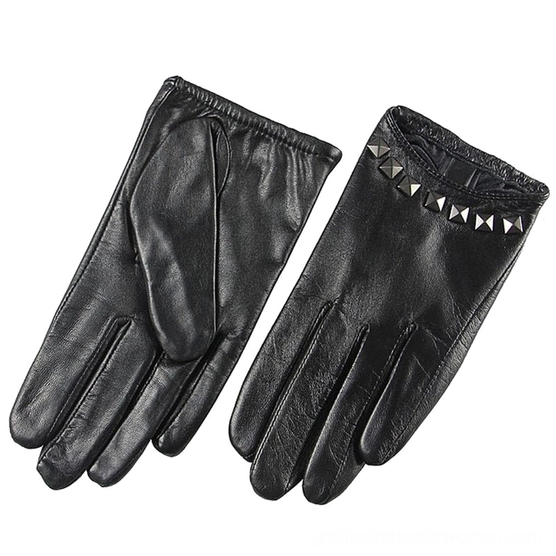 Black genuine leather studded women's gloves with rivet wrist details, premium sheepskin quality