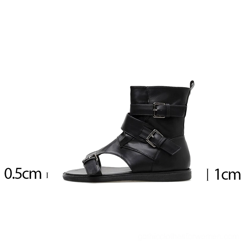 Black gladiator sandal flat side profile with size markers, displaying buckle fastenings and sleek minimalist outline