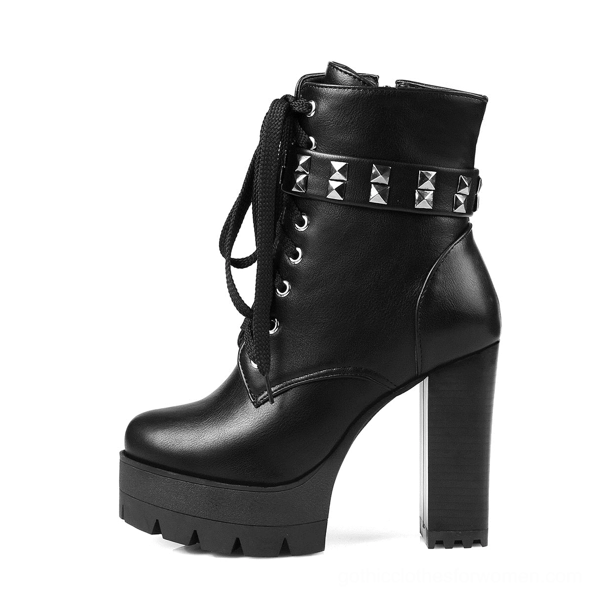 Black glossy leather gothic heeled combat boots with side zipper and studded decorative strap