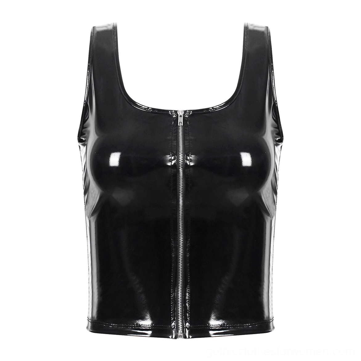 Black patent leather gothic tank top with front metal zipper - front flat lay product shot