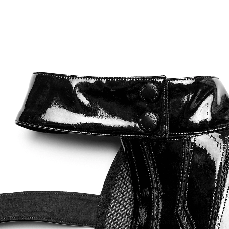 Full product display of black glossy patent leather one-shoulder gothic armor harness with mesh paneling