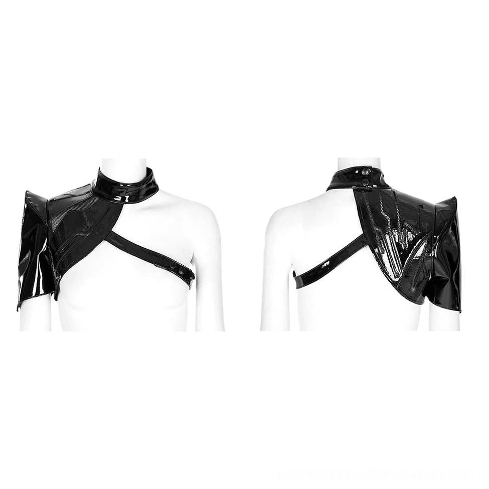 Black patent leather shoulder armor with adjustable neck collar and snap button fasteners displayed on mannequin