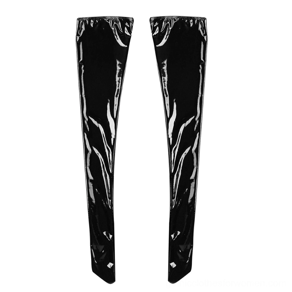 Flat lay frontal view of black glossy stockings pair, showing full-length coverage and rolled top openings detail