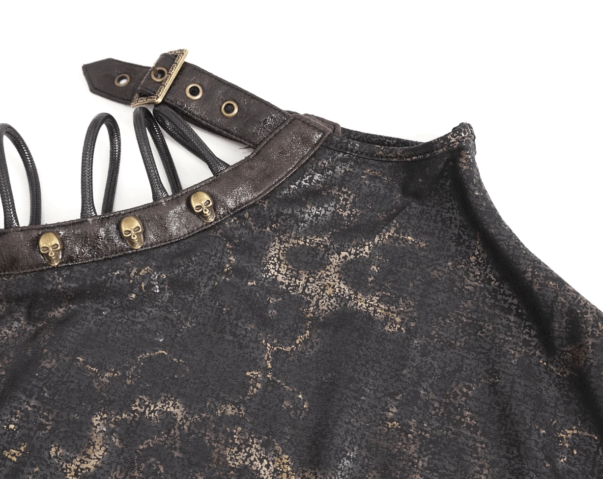 Full length front view of black gold steampunk gothic t-shirt on model - complete styling