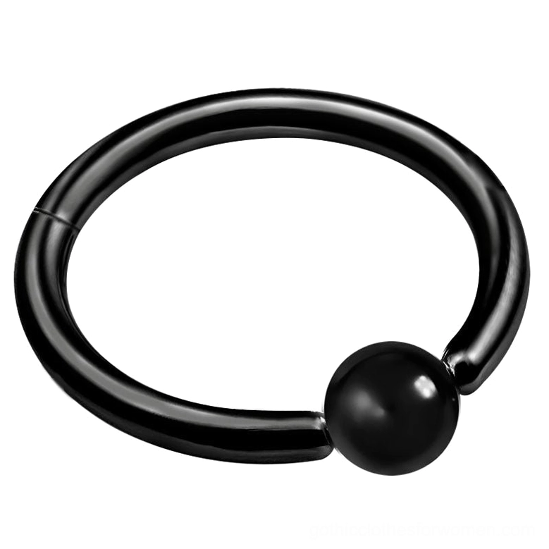 Matte black hinged segment nose hoop ring with spherical bead closure, front flat lay view