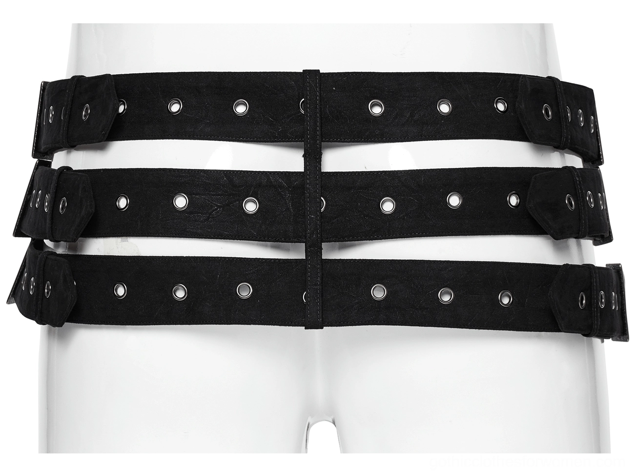 Black gothic punk corset belt with three parallel fixed straps displayed on mannequin lower body