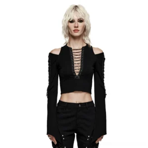 Black cold shoulder gothic crop top with lace-up grommet sleeve detailing, front view on blonde model