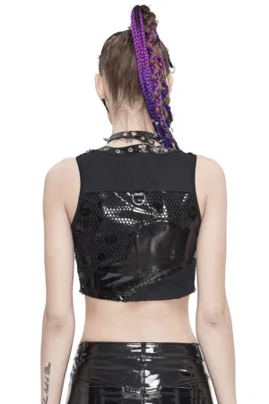 Black punk crop top with mesh back panel construction - rear view showing patent leather and mesh details