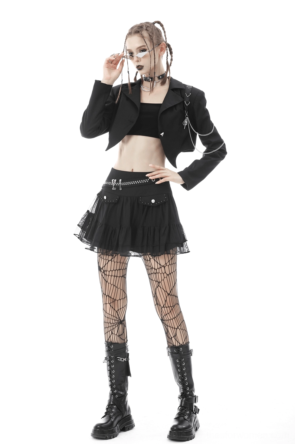 Black cropped goth jacket with skull hardware and chain embellishments, gothic fashion piece