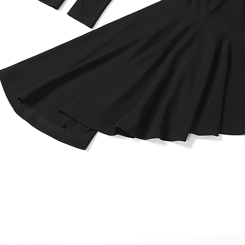 Black gothic halter mini dress asymmetric hem close-up detail view