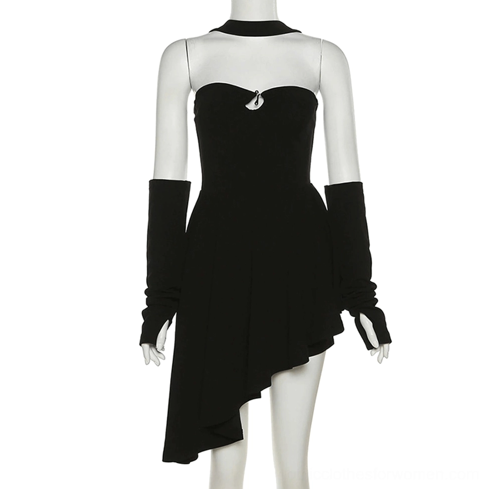 Black asymmetric halter mini dress on mannequin front three-quarter view