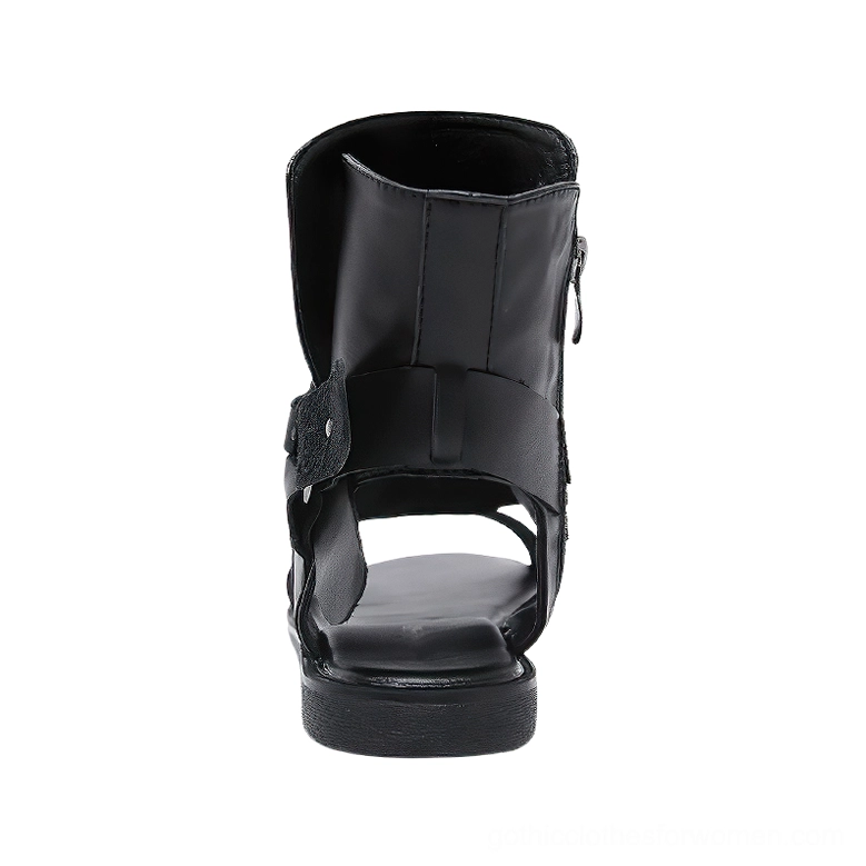 Black ankle strap gothic sandal rear view highlighting back zipper closure and buckle fastening system