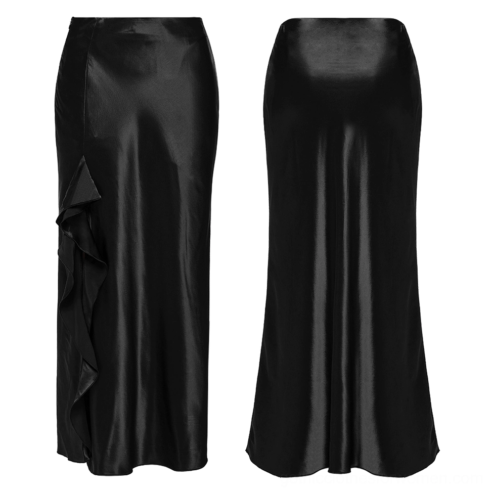 Flat lay black gothic A-line skirt front and back combined showing asymmetric ruffle design