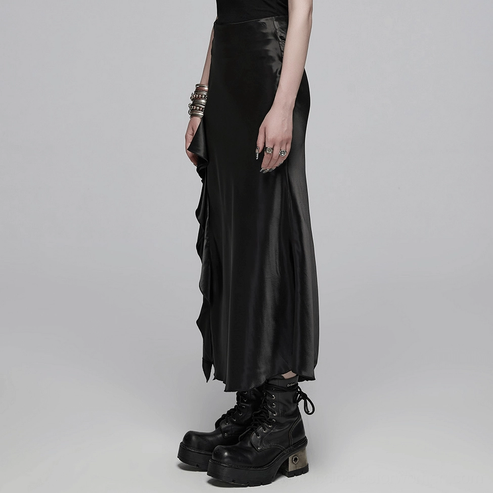Front detail of black gothic skirt showing asymmetric ruffle layers and A-line construction