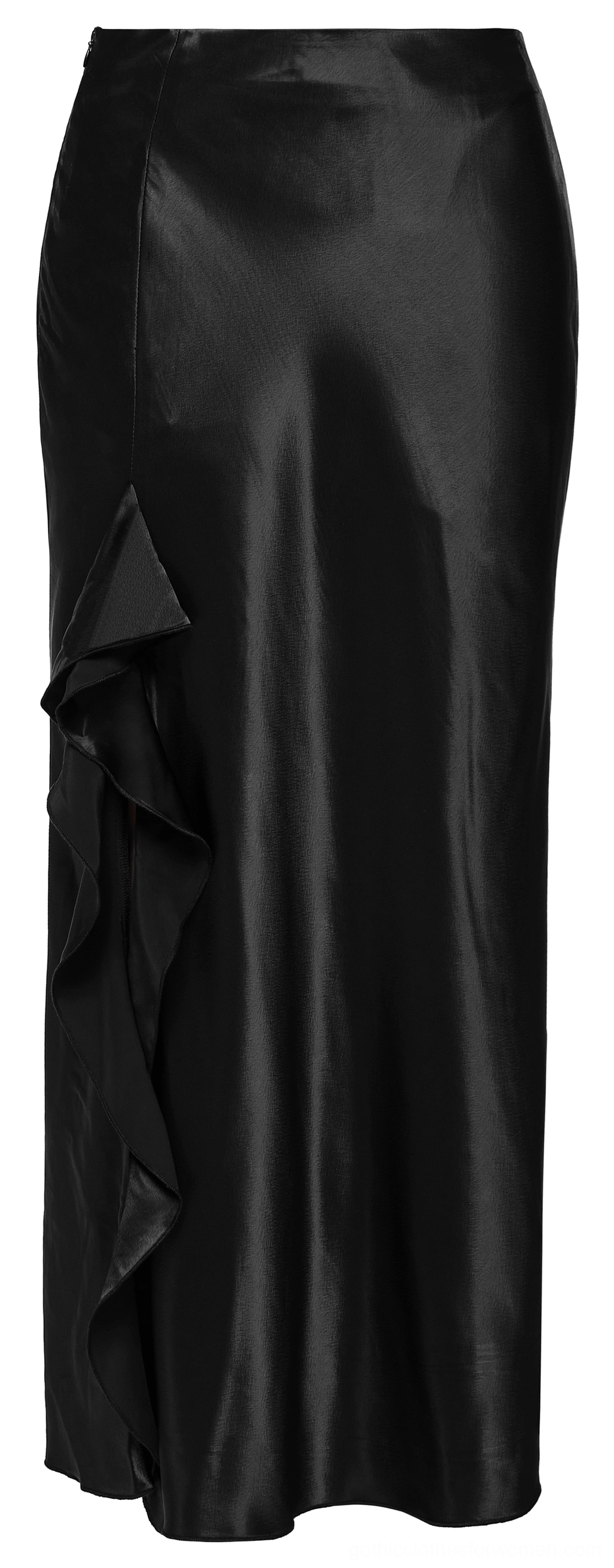 Front side flat lay view of black gothic satin A-line skirt with asymmetric left-side ruffle