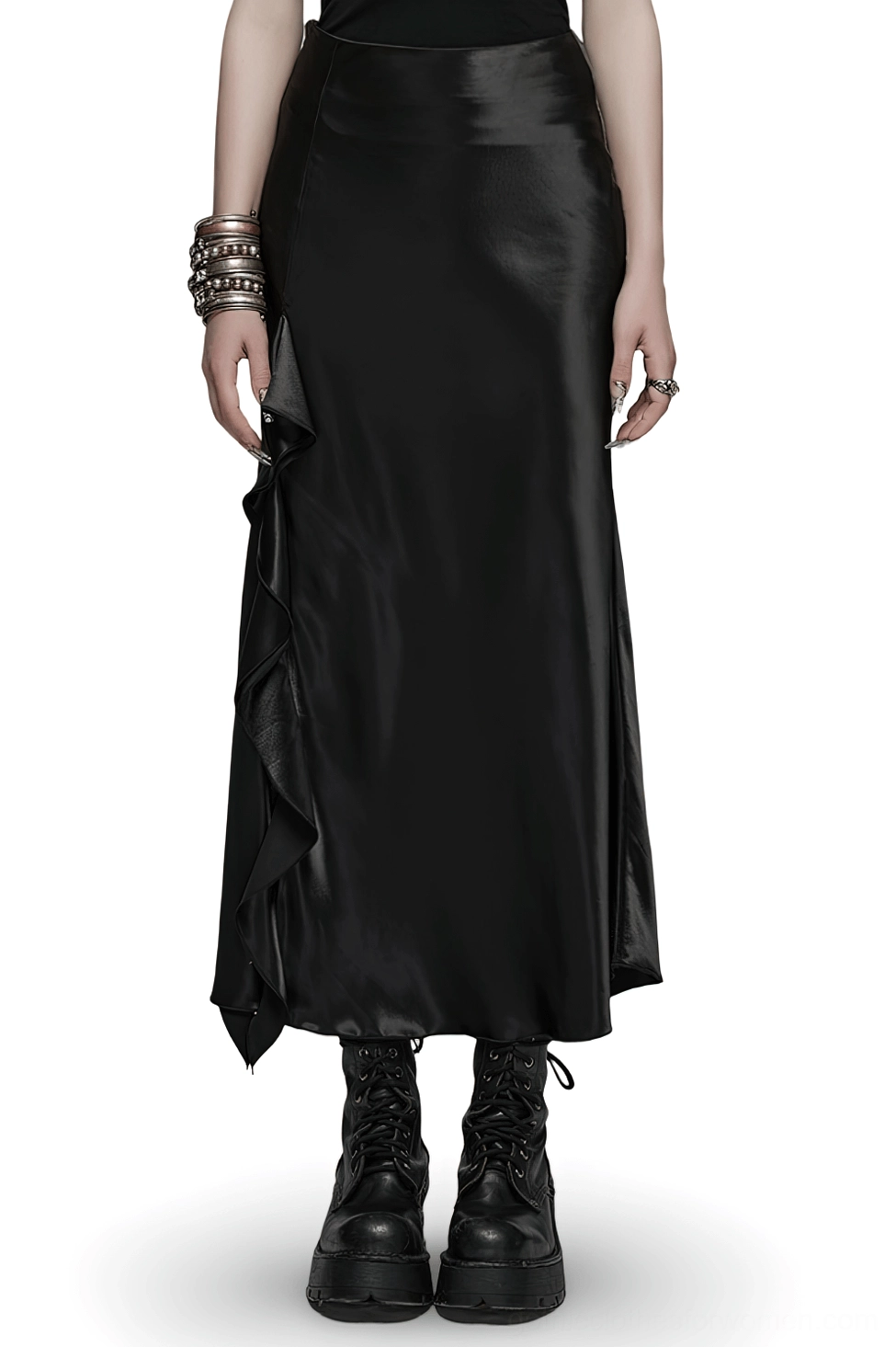 Black gothic A-line maxi skirt with asymmetric ruffle draping worn by model front view