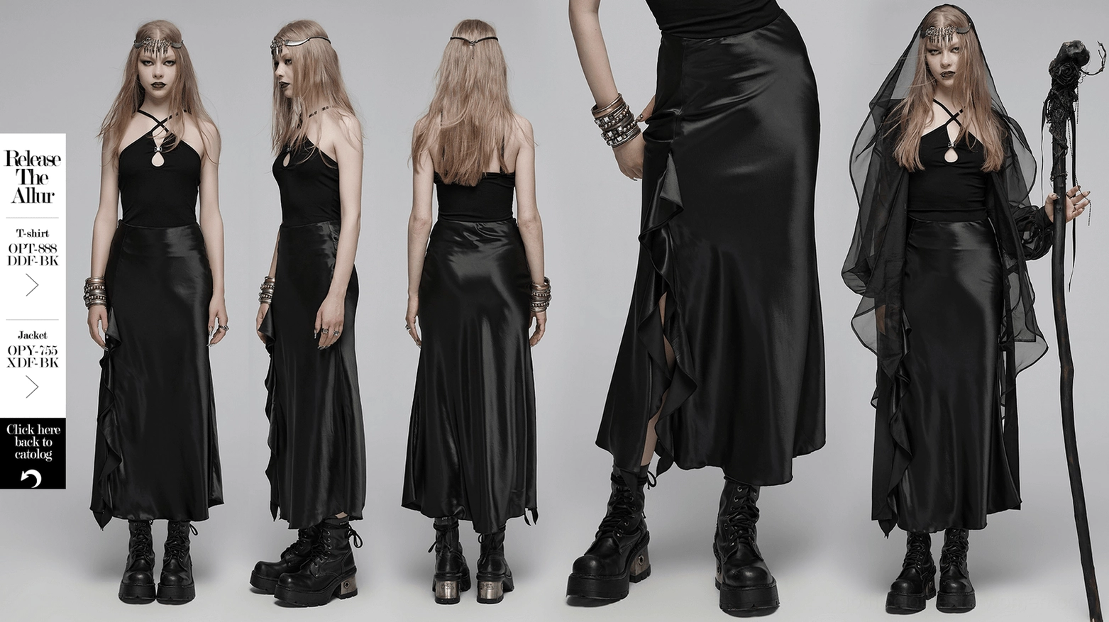 Black gothic A-line maxi skirt hem and silhouette detail showing floor-length proportions