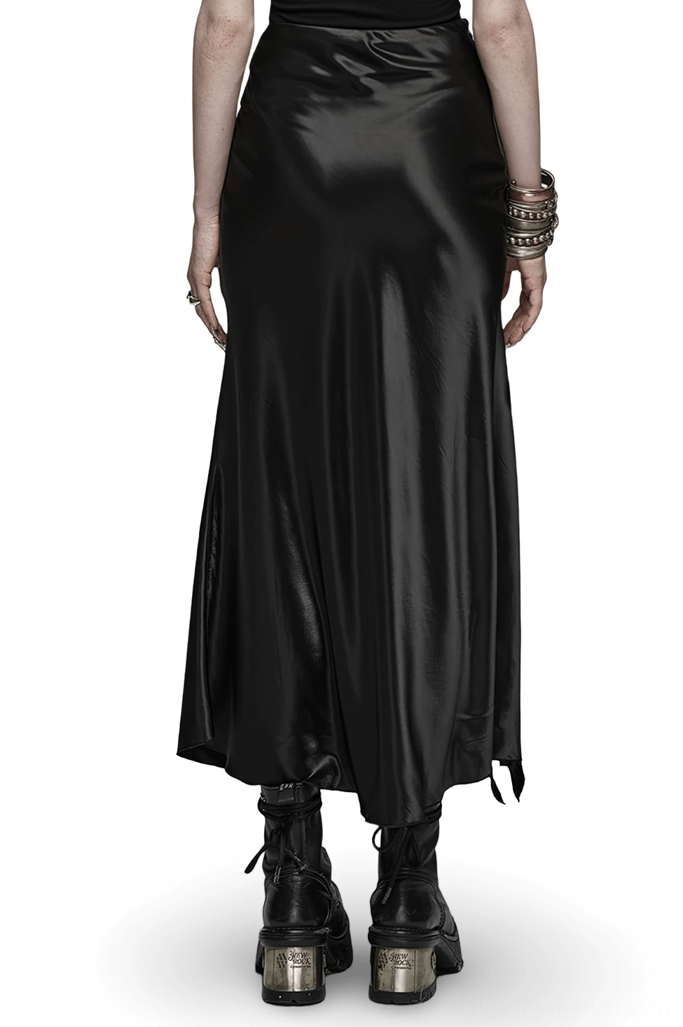 Black gothic satin maxi skirt back view showing rear silhouette and ruffle detail